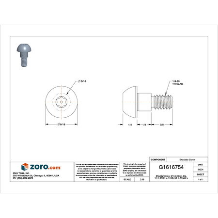Zoro Select Tamper-Resistant Shoulder Screw, 1/4"-20 Thr Sz, 3/8 in Thr Lg, 1/4 in Shoulder Lg 5MA50