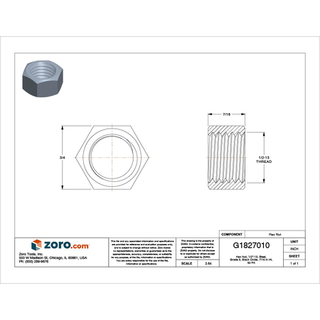 Zoro Select Hex Nut, 1/2"-13, Steel, Grade 8, Black Oxide, 7/16 in Ht, 50 PK N04120.050.0001