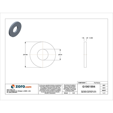 Zoro Select Flat Washer, Fits Bolt Size 1/4" , Steel Black Oxide Finish, 100 PK U38100.025.0001