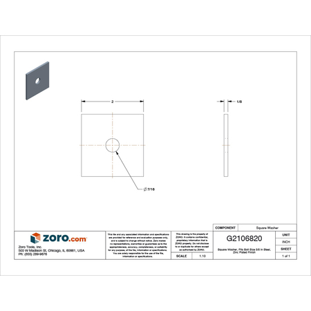 Zoro Select Square Washer, Fits Bolt Size 3/8 in Low Carbon Steel, Zinc Plated Finish Z8927-ZN