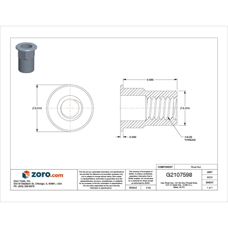 Zoro Select Rivet Nut, 1/4"-20 Thread Size, 0.51 in Flange Dia., 0.585 in L, Steel, 50 PK CAH2-2520-165-50
