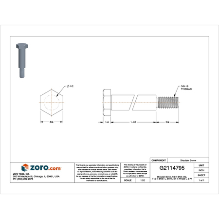 Zoro Select Shoulder Screw, 3/8"-16 Thr Sz, 3/4 in Thr Lg, 1-1/2 in Shoulder Lg, Steel, 2 PK Z0713