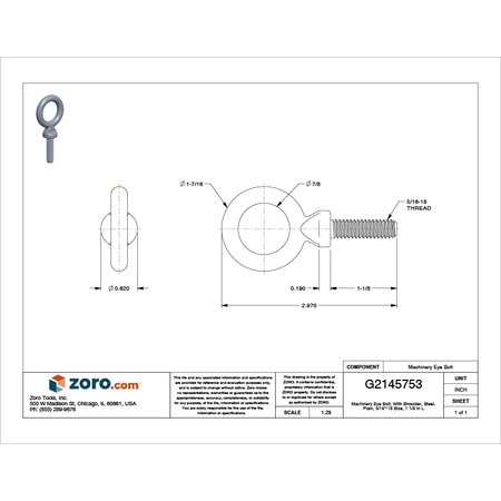 Ken Forging Machinery Eye Bolt With Shoulder, 5/16"-18, 1-1/8 in Shank, 7/8 in ID, Steel, Plain K2022