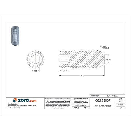 Zoro Select Socket Set Screw, Hex Socket, Nylon, Natural, #10-32, 25 PK 011032T050