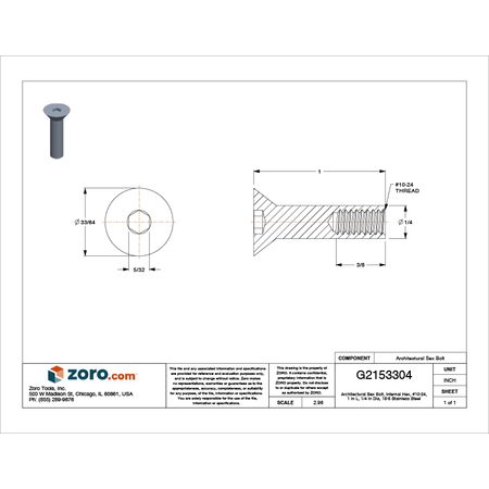 Zoro Select Arch Barrel, #10-24, 1 in Brl Lg, 1/4 in Brl Dia, 18-8 Stainless Steel Plain Z1646