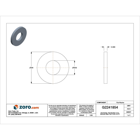 Zoro Select Flat Washer, Fits Bolt Size 1/4" , Stainless Steel Plain Finish, 50 PK U55205.025.0001