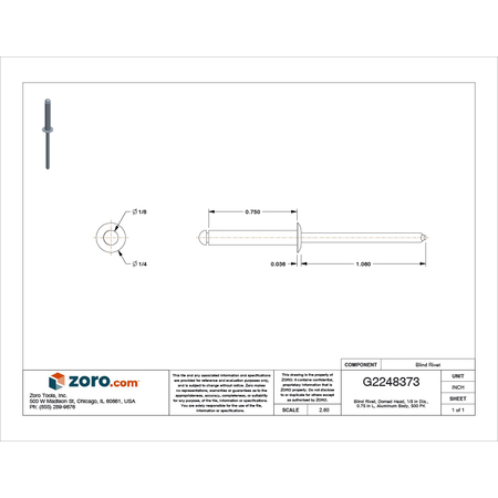 Stanley Engineered Fastening Blind Rivet, Dome Head, 1/8 in Dia., 3/4 in L, Aluminum Body, 500 PK AD410ABS201