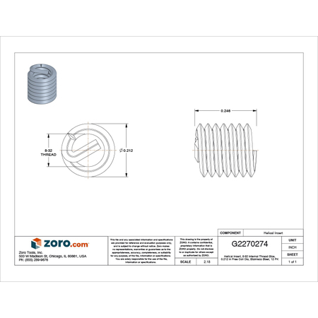 Stanley Engineered Fastening Tanged Helical Insert, Free-Running, #8-32 Thrd Sz, 18-8 Stainless Steel, 12 PK R1185-2