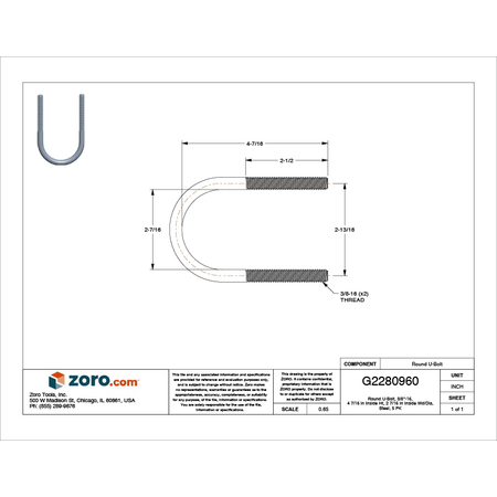 Zoro Select Round U-Bolt, 3/8"-16, 2 7/16 in Wd, 4 7/16 in Ht, Zinc Plated Steel, 5 PK U17273.037.0200