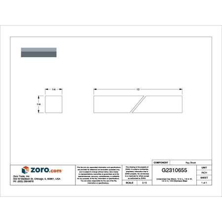 Zoro Select Key Stock, 18-8 Stainless Steel, 12 in L, 1/4 in W, 1/4 in H WWG700250025012