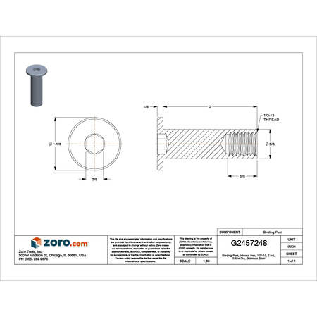 Zoro Select Binding Barrel, 1/2"-13, 2 in Brl Lg, 5/8 in Brl Dia, 316 Stainless Steel Plain Z1550