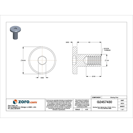 Zoro Select Binding Barrel, #10-24, 1/2 in Brl Lg, 1/4 in Brl Dia, 316 Stainless Steel Plain Z1510