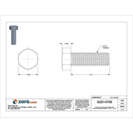 Zoro Select Not Graded, 1/2"-13 Hex Head Cap Screw, Plain Stainless Steel, 1-1/2 in L, 10 PK U51010.050.0150