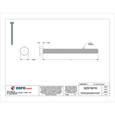 Zoro Select Not Graded, 1/4"-20 Hex Head Cap Screw, Plain Stainless Steel, 3 in L, 25 PK U51010.025.0300