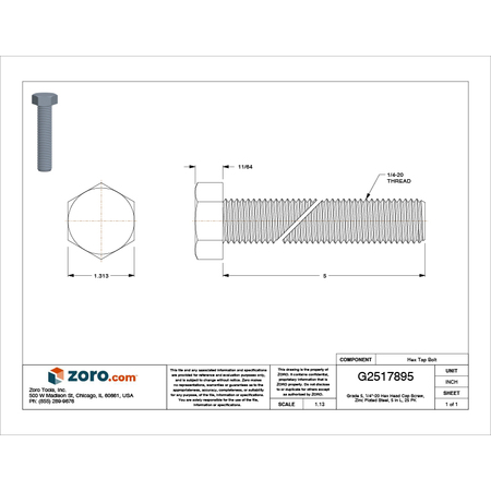 Zoro Select Grade 5, 1/4"-20 Hex Head Cap Screw, Zinc Plated Steel, 5 in L, 25 PK U01210.025.0500