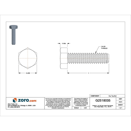 Zoro Select Grade 5, 1/4"-20 Hex Head Cap Screw, Zinc Plated Steel, 1 in L, 100 PK U01210.025.0100