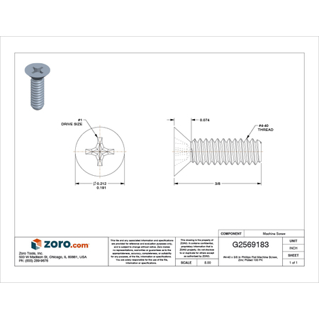 Zoro Select #4-40 x 3/8 in Phillips Flat Machine Screw, Zinc Plated Steel, 100 PK U24670.011.0037