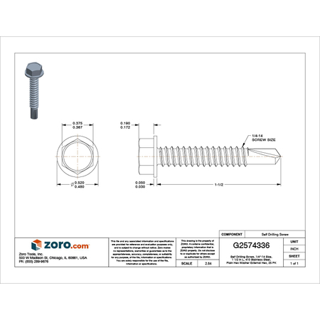 Zoro Select Self-Drilling Screw, 1/4" x 1 1/2 in, Plain 410 Stainless Steel Hex Head External Hex Drive, 25 PK U31860.025.0150
