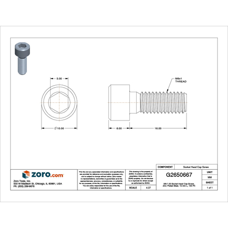 Zoro Select M6-1.00 Socket Head Cap Screw, Zinc Plated Steel, 16 mm Length, 100 PK M07160.060.0016