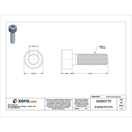Zoro Select M5-0.80 Socket Head Cap Screw, Zinc Plated Steel, 16 mm Length, 100 PK M07160.050.0016