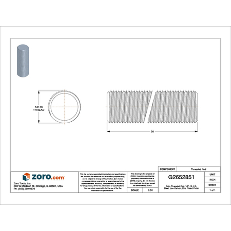 Zoro Select Fully Threaded Rod, 1/2"-13, 3 ft, Steel, Zinc Plated Finish TRI20500LHX3-012P