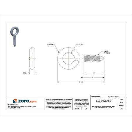 Zoro Select Eye Wood Screw Without Shoulder, 1/4"-20, 4 in Shank, 1/2 in ID, Steel, Zinc Plated, 10 PK 07860 3