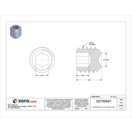 Zoro Select Socket Set Screw, Cup, 3/8-16x3/8, PK50 U51260.037.0037