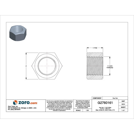 Zoro Select Heavy Hex Nut, 1-1/4"-8, Steel, Grade 2H, Black Oxide, 1-7/32 in Ht, 5 PK 1XA53