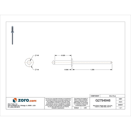 Zoro Select Blind Rivet, Dome Head, 1/8 in Dia., 17/32 in L, Steel Body, 500 PK U34130.012.0046