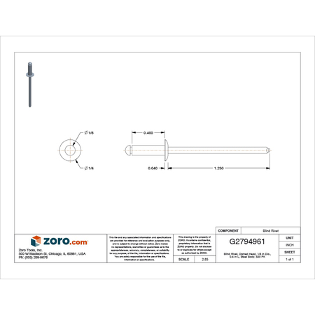 Zoro Select Blind Rivet, Dome Head, 1/8 in Dia., 13/32 in L, Steel Body, 500 PK U34130.012.0044