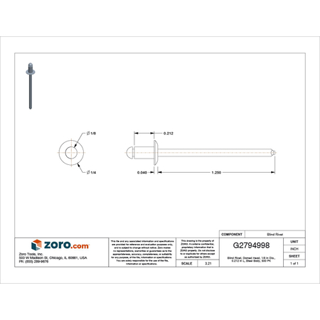 Zoro Select Blind Rivet, Dome Head, 1/8 in Dia., 7/32 in L, Steel Body, 500 PK U34130.012.0041
