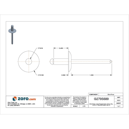 Zoro Select Blind Rivet, Flanged Head, 3/16 in Dia., 29/64 in L, Aluminum Body, 250 PK U33191.018.0064