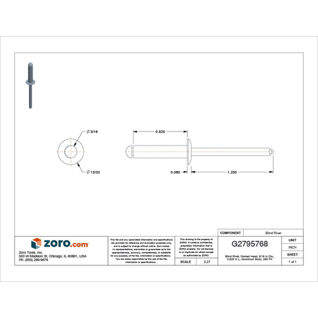 Zoro Select Blind Rivet, Dome Head, 3/16 in Dia., 53/64 in L, Aluminum Body, 250 PK U33190.018.0610