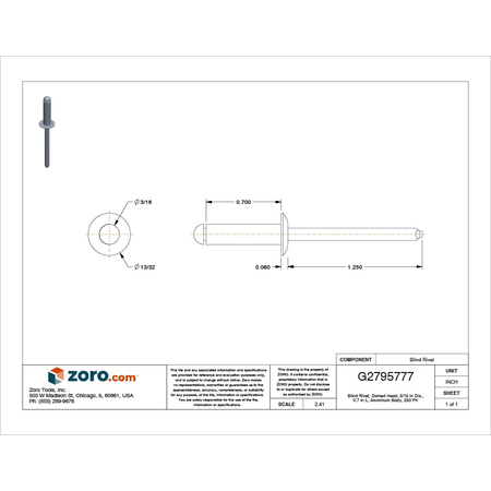 Zoro Select Blind Rivet, Dome Head, 3/16 in Dia., 45/64 in L, Aluminum Body, 250 PK U33190.018.0068