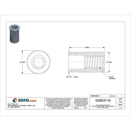 Zoro Select Rivet Nut, 1/4"-20 Thread Size, 0.455 in Flange Dia., 0.68 in L, Steel, 40 PK CAK2-2520-260-40