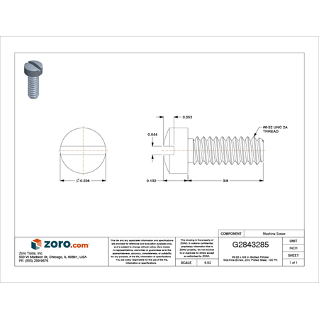Zoro Select #6-32 x 3/8 in Slotted Fillister Machine Screw, Zinc Plated Steel, 100 PK MSCI0-600370-100BX