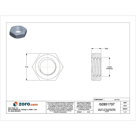 Zoro Select Jam Nut, 1/4"-20, Carbon Steel, Grade A, Zinc Plated, 5/32 in Ht, 100 PK U11360.025.0001