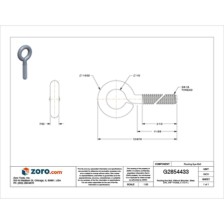 Zoro Select Routing Eye Bolt Without Shoulder, 3/8"-16, 11-3/8 in Shank, 1/2 in ID, Steel, Zinc Plated 11712 8