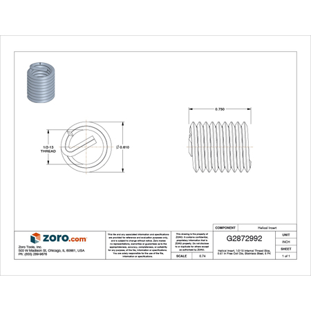 Stanley Engineered Fastening Tanged Helical Insert, Free-Running, 1/2"-13 Thrd Sz, 18-8 Stainless Steel, 6 PK R1185-8