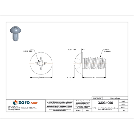Zoro Select 1/4"-20 x 1/2 in Phillips Round Machine Screw, Zinc Plated Steel, 100 PK U24211.025.0050