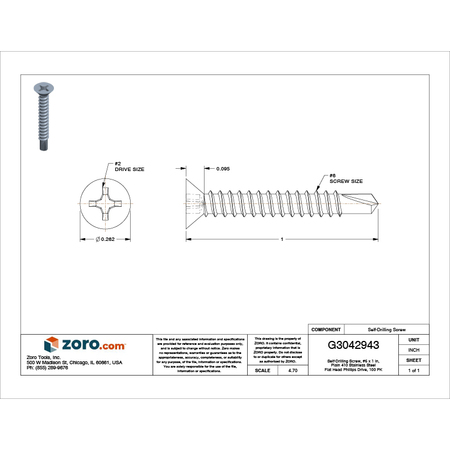 Zoro Select Self-Drilling Screw, #6 x 1 in, Plain 410 Stainless Steel Flat Head Phillips Drive, 100 PK U31880.013.0100
