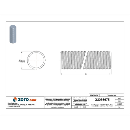 Zoro Select Fully Threaded Rod, 5/16"-18, 3 ft, Steel, Grade B7, Zinc and Yellow Plated Finish U22182.031.3600