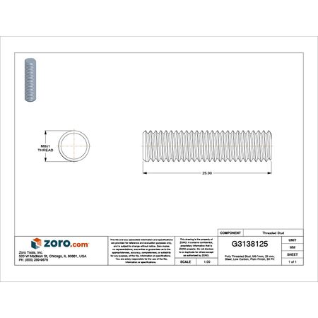 Zoro Select Threaded Stud, Plain Finish, 50 PK 32438
