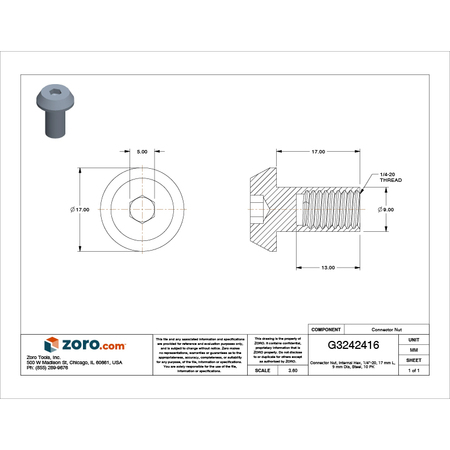 Zoro Select Connector Nut, 1/4"-20, 17 mm Brl Lg, 9 mm Brl Dia, Steel Black Oxide, 10 PK 1CJV7