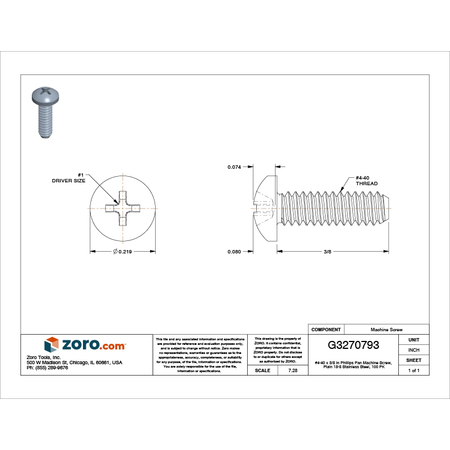 Zoro Select #4-40 x 3/8 in Phillips Pan Machine Screw, Plain 18-8 Stainless Steel, 100 PK U51122.011.0037