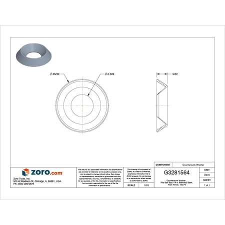 Zoro Select Countersunk Washer, Fits Bolt Size 1/4" Stainless Steel, Plain Finish, 100 PK U51350.025.0001