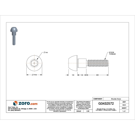 Zoro Select Tamper-Resistant Shoulder Screw, #10-24 Thr Sz, 5/8 in Thr Lg, 1/4 in Shoulder Lg 5MA47