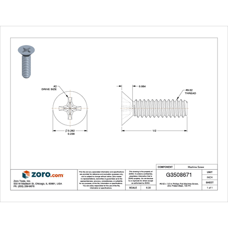 Zoro Select #6-32 x 1/2 in Phillips Flat Machine Screw, Zinc Plated Steel, 100 PK U24670.013.0050