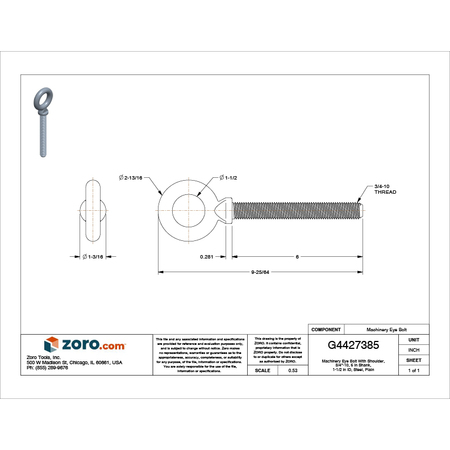 Ken Forging Machinery Eye Bolt With Shoulder, 3/4"-10, 6 in Shank, 1-1/2 in ID, Steel, Plain K2028-6