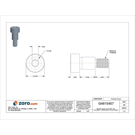 Zoro Select Shoulder Screw, M3-0.50 Thr Sz, 4.5 mm Thr Lg, 5 mm Shoulder Lg, 316 Stainless Steel STR602M4X5
